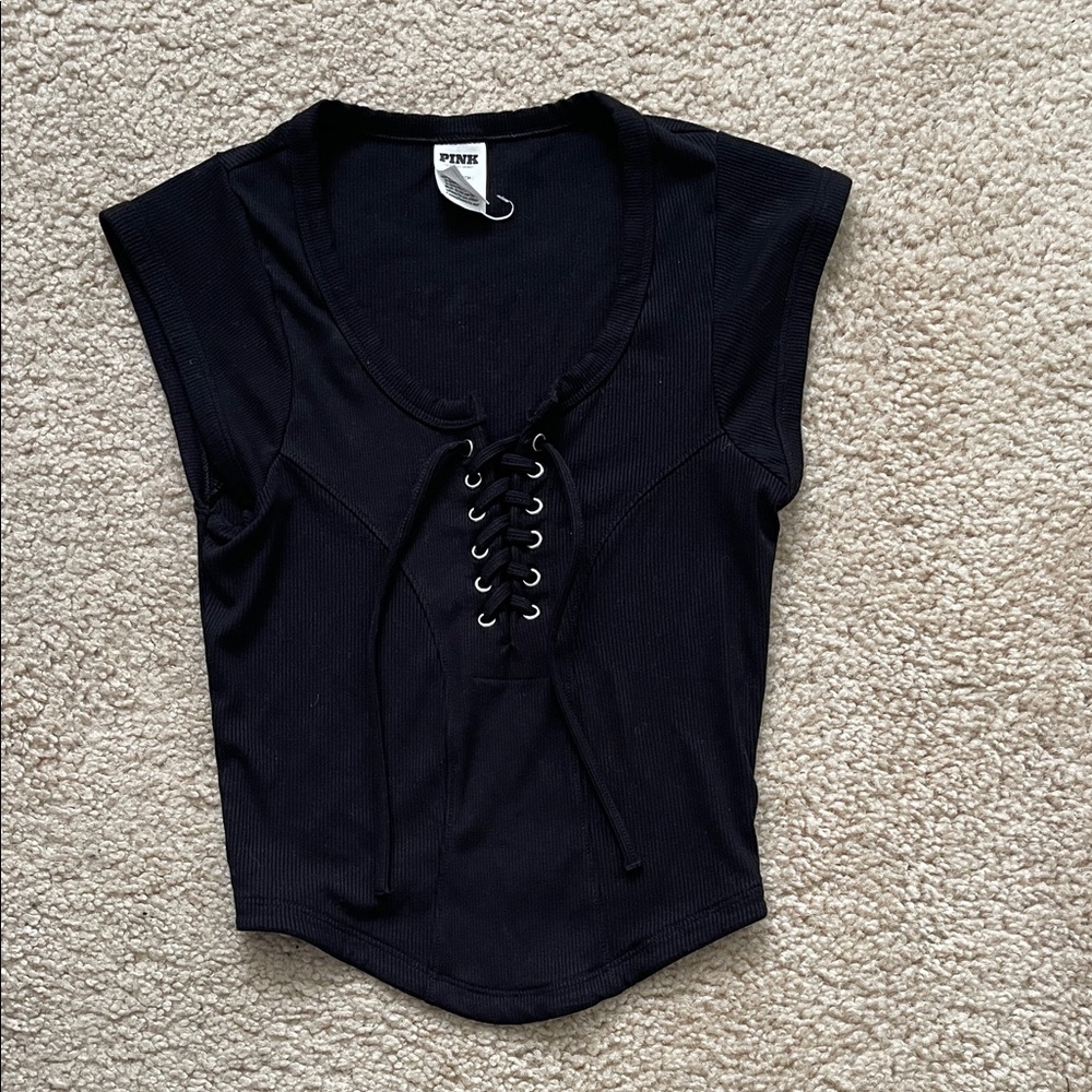 PINK Victoria's Secret Black Lace-Up Crop Top